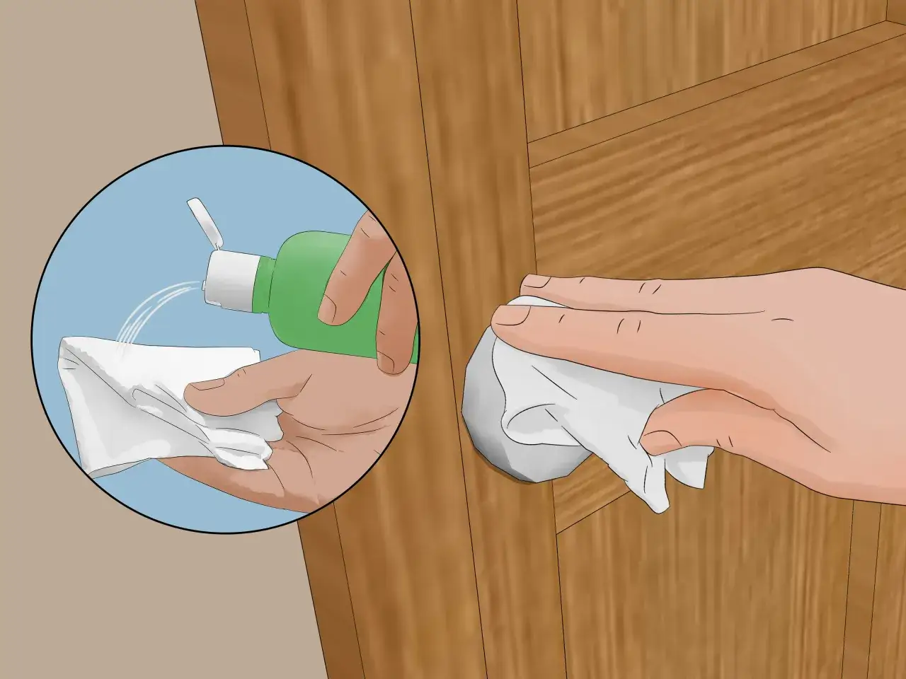 Instrucciones para como limpiar las puertas de madera: se roc&iacute;a l&iacute;quido limpiador sobre un pa&ntilde;o blanco y luego se frota el pomo de una puerta de madera.
