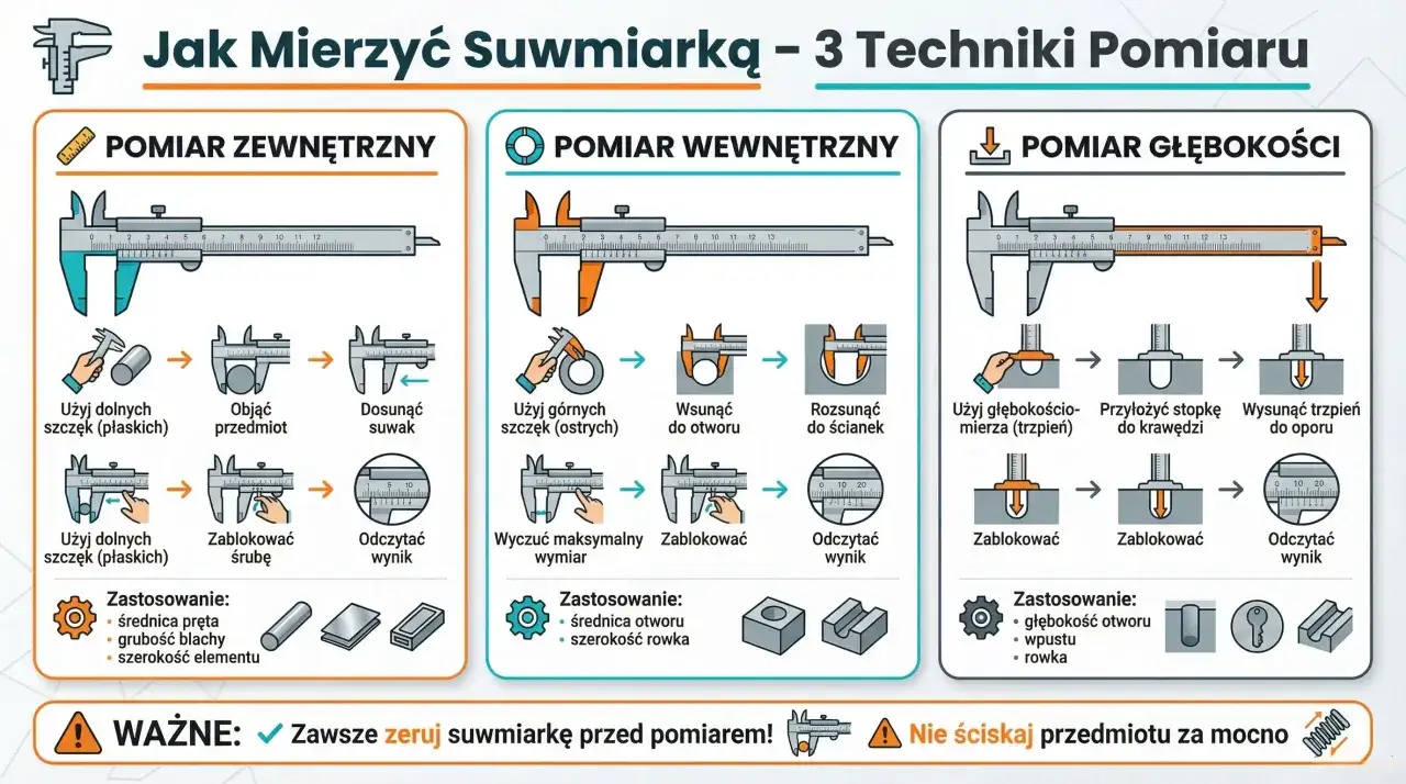 Ilustracja pokazuje, jak mierzyć suwmiarką: pomiar zewnętrzny, wewnętrzny i głębokości. Instrukcje krok po kroku wyjaśniają, jak używać szczęk i trzpienia.