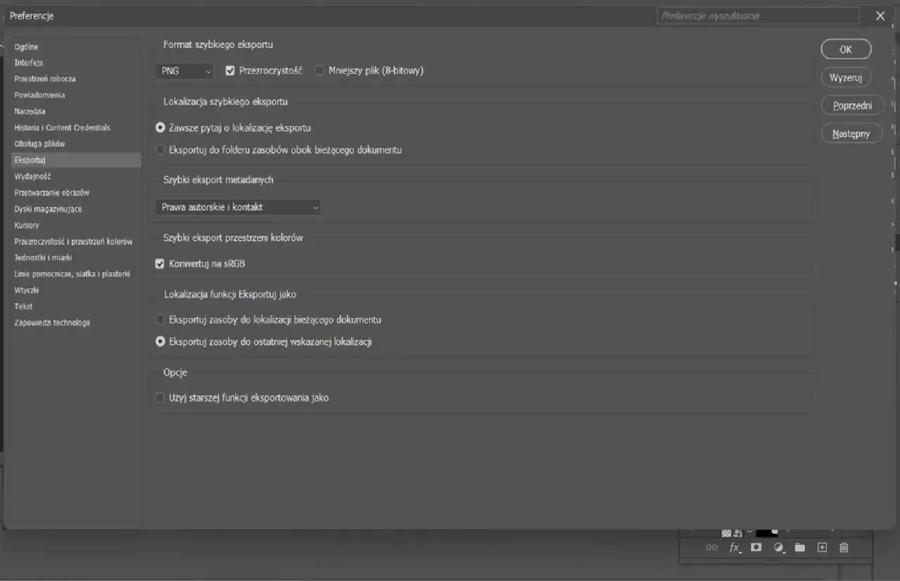 Photoshop Eksportuj jako JPG okno dialogowe