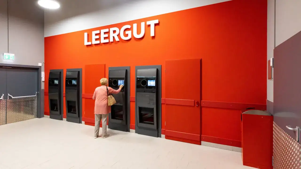 Eine Frau gibt Flaschen in einen Automaten f&uuml;r mehrweg Pfand. Die Wand ist leuchtend rot mit dem Wort 