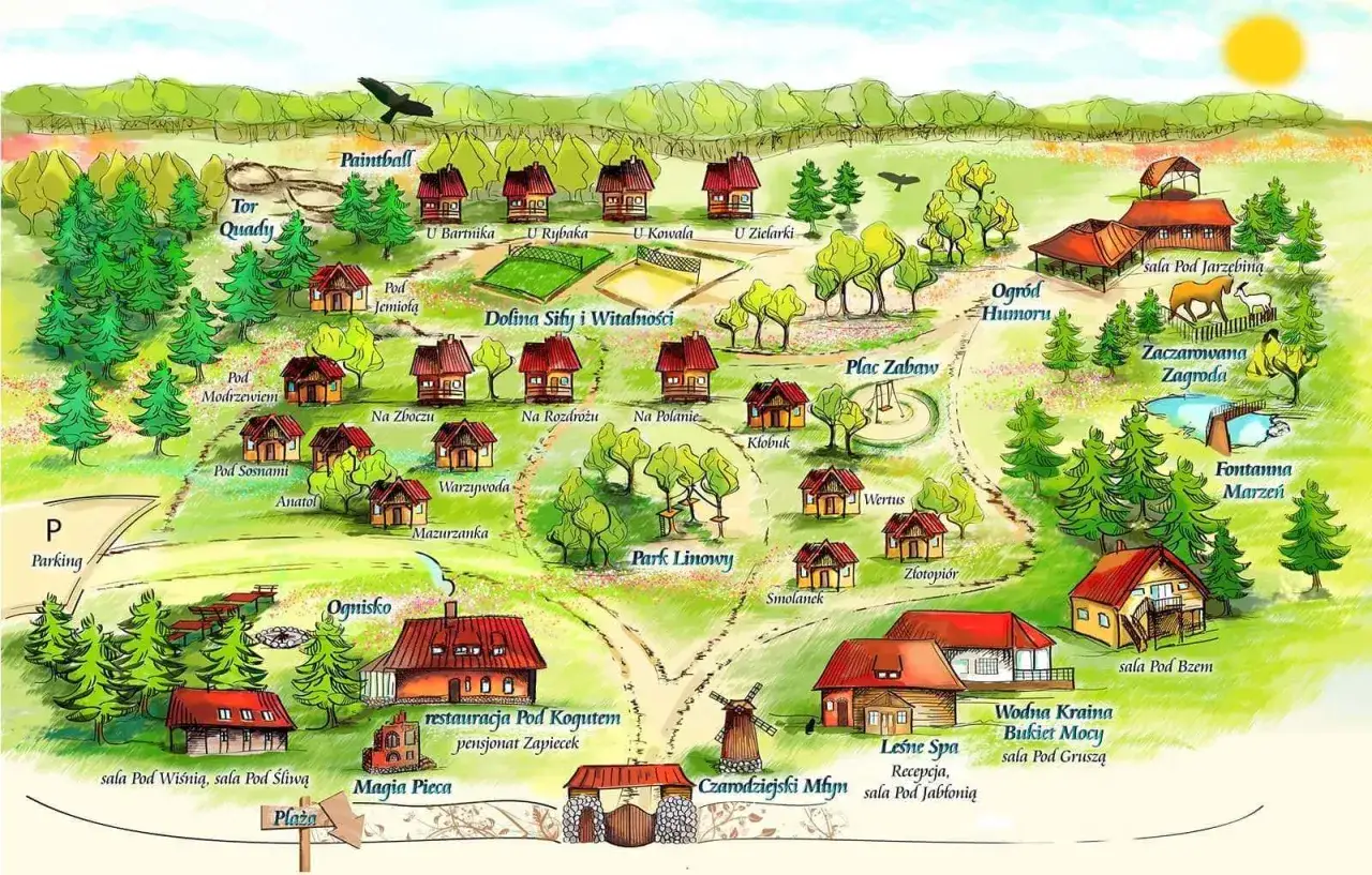 Mapa Mazur z zaznaczonymi miejscowościami do wynajmu domków