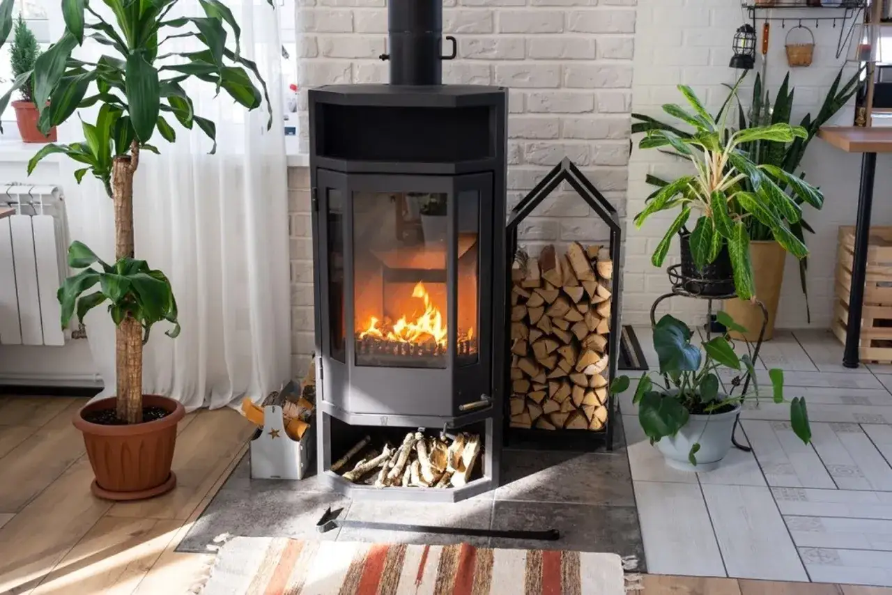 Estufa de leña con fuego encendido, rodeada de plantas y leña apilada. Se ven estanterías con más leña, lo que nos recuerda que los pellets son una alternativa ecológica.