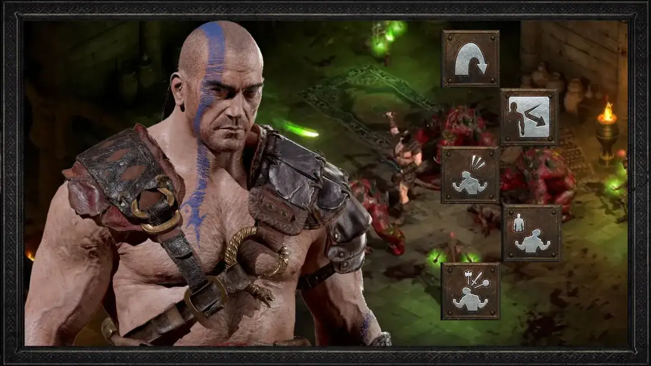 Barbarzyńca z Diablo 2 w akcji, pokazujący swój potężny diablo 2 barbarzyńca build. W tle walka z potworami i ikony umiejętności.