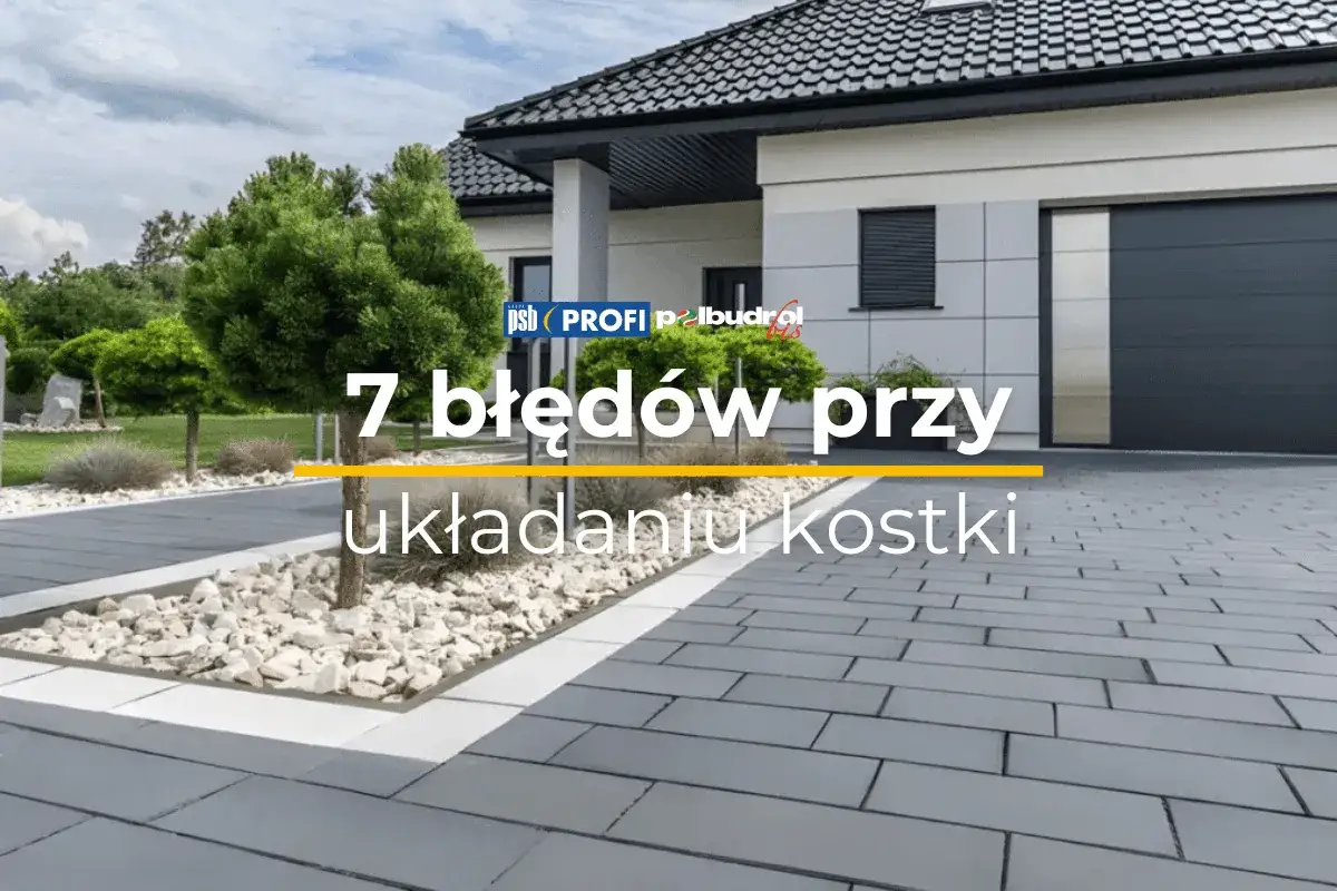 Nowoczesny dom z podjazdem z szarej kostki. Tekst: