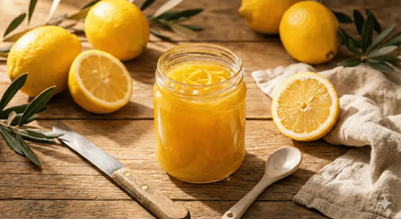 Barattolo di marmellata di limoni fatto in casa, circondato da limoni freschi, un coltello e un cucchiaio su un tavolo di legno.