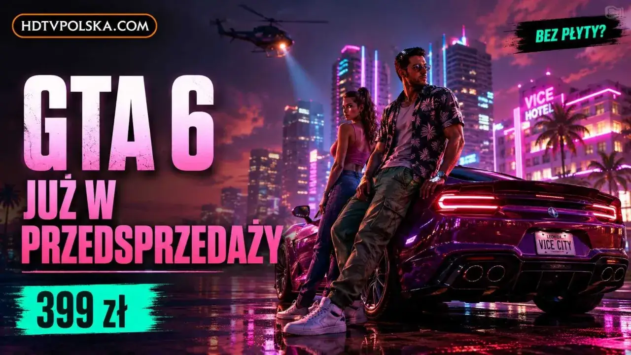 Para, która czeka na premierę GTA 6, opiera się o sportowy samochód w neonowym Vice City. Gra już w przedsprzedaży za 399 zł.