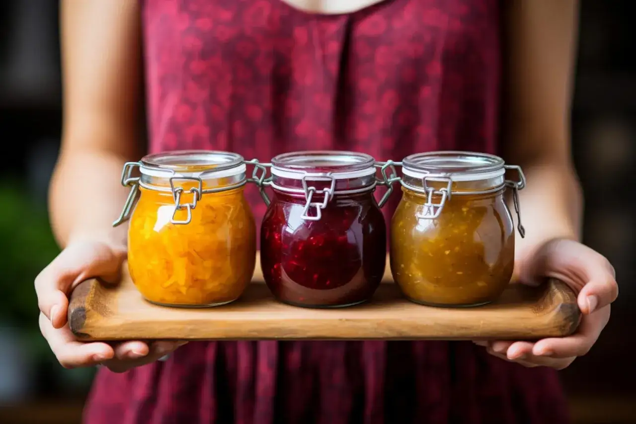 Drei Gläser mit selbstgemachter Marmelade auf einem Holztablett. Die Frage