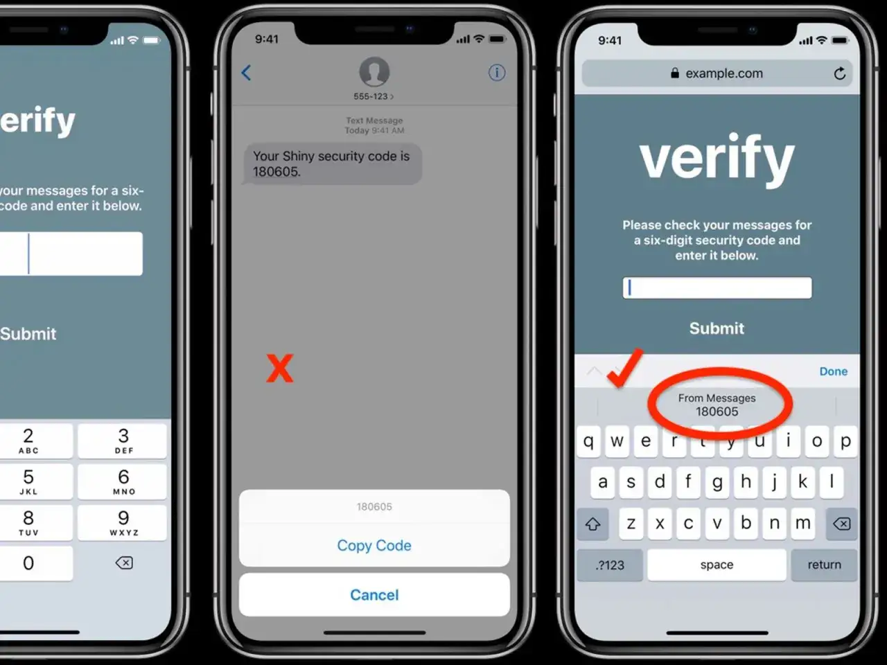 iPhone visar hur autofyll fungerar för verifieringskoder från SMS. Koden 180605 visas i ett meddelande och kan kopieras.