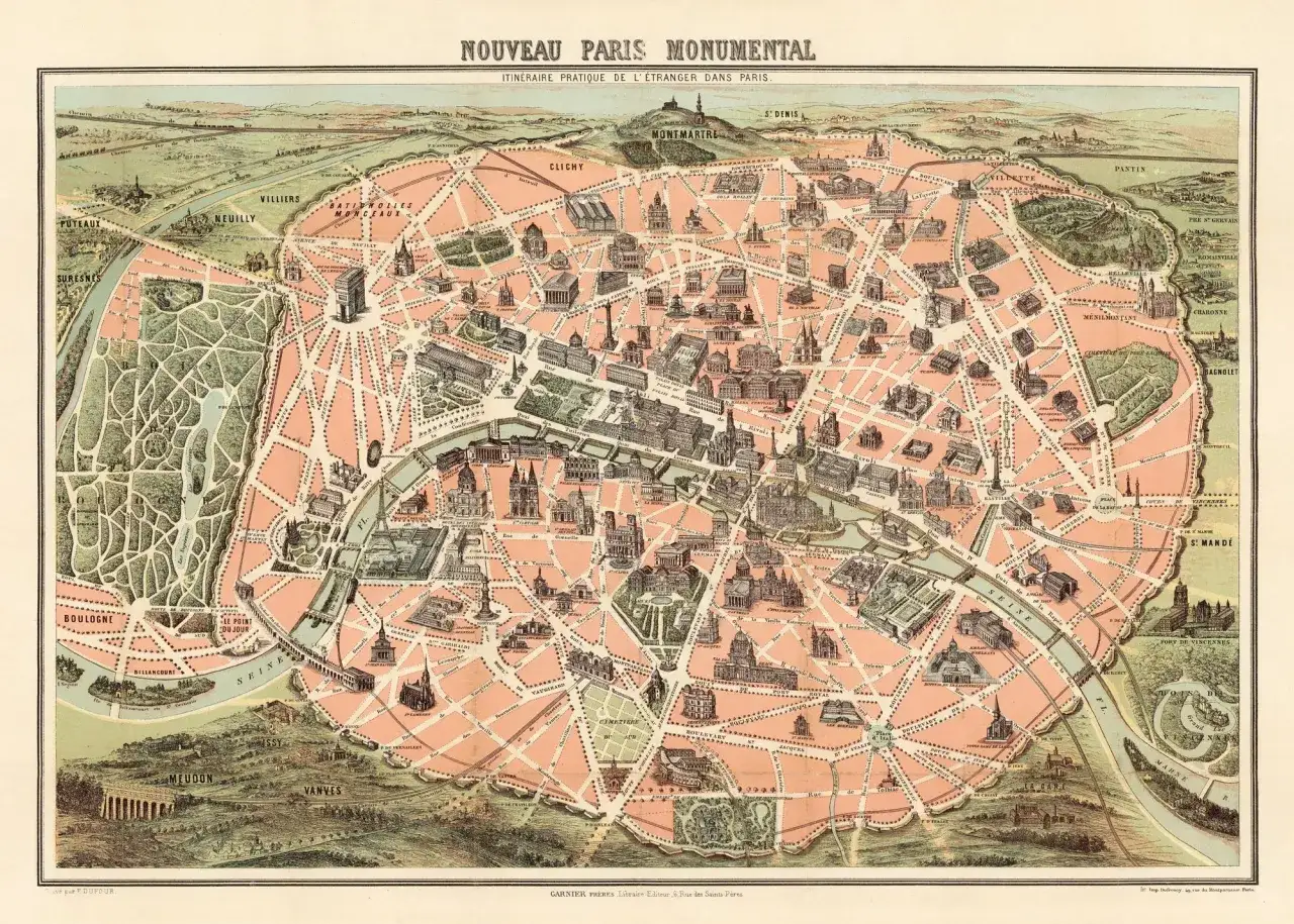 Stara mapa Paryża, stolicy Francji, z widocznymi zabytkami, parkami i rzeką Sekwaną.