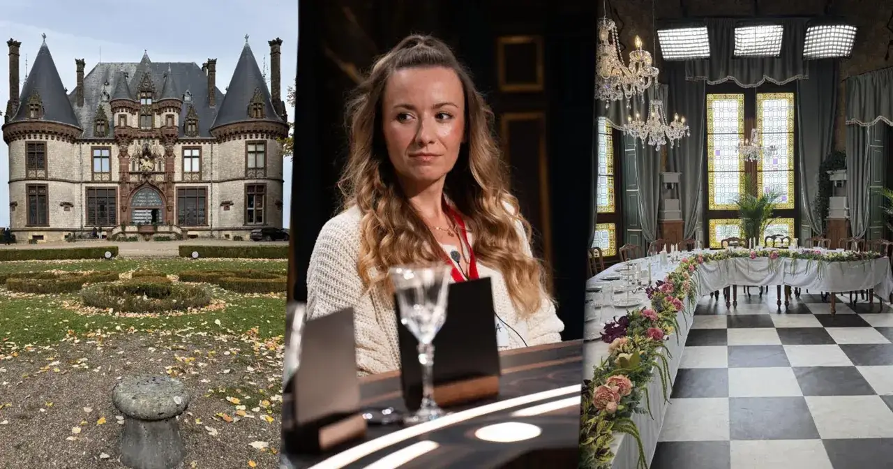Zamek, kobieta przy stole i nakryty stół. Czy to scena z