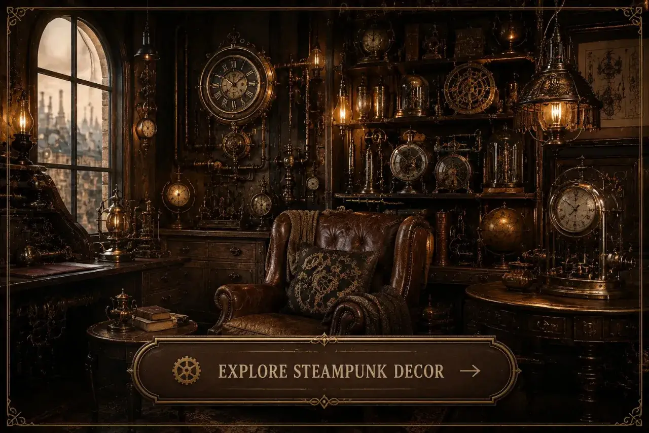 Wnętrze gabinetu w stylu steampunk, pełne zegarów, mechanizmów i mosiężnych detali. Skórzany fotel zaprasza do odpoczynku.