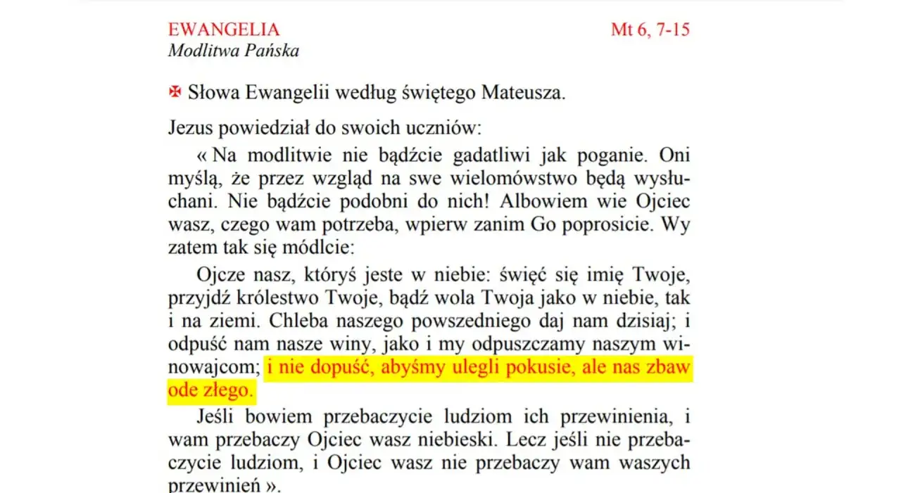 Fragment Ewangelii wg św. Mateusza z tekstem modlitwy Ojcze nasz. Jezus uczy uczniów, jak się modlić.