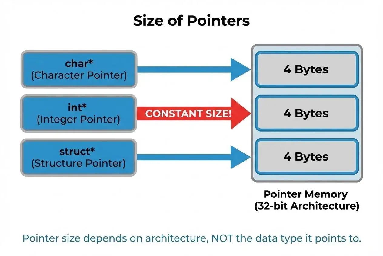 Illustration montrant que la taille d'un pointeur en C est constante (4 octets) pour char*, int* et struct*, indépendamment du type de données pointé.