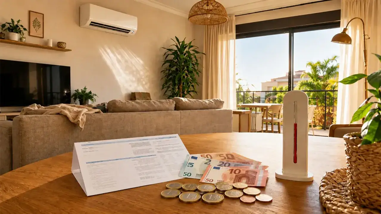 Factura de iva aire acondicionado sobre mesa con billetes y monedas. Term&oacute;metro y plantas en sal&oacute;n.