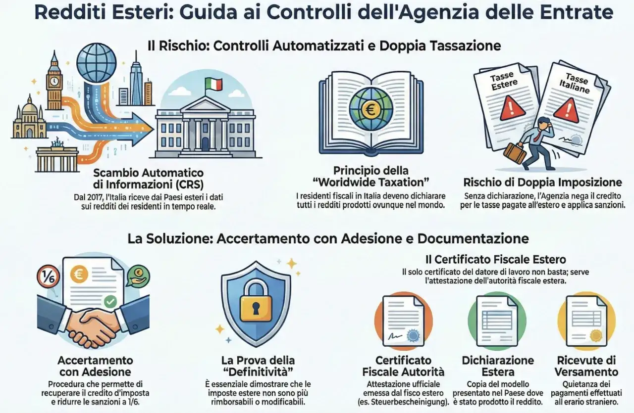 Guida ai redditi esteri: rischio controlli e doppia tassazione. La soluzione è l'accertamento con adesione, che permette di recuperare il credito d'imposta e ridurre le sanzioni.
