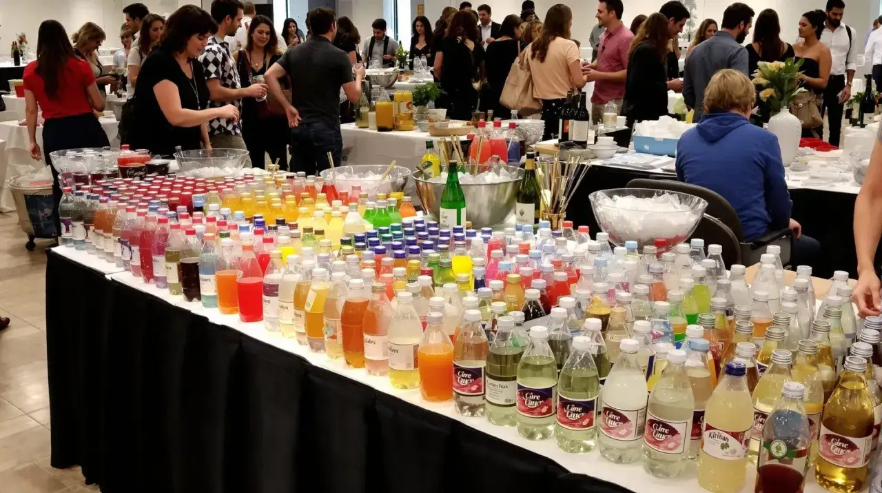 Une grande vari&eacute;t&eacute; de bouteilles de boissons color&eacute;es, pr&ecirc;tes pour un &eacute;v&eacute;nement. Combien de bouteilles d'eau pour 50 personnes ? Difficile &agrave; dire, mais il y a de quoi faire !