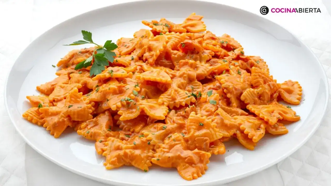 Un plato de pasta farfalle con salsa cremosa de tomate y perejil picado.