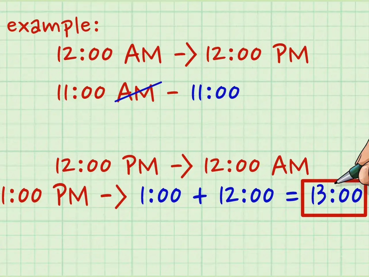 Beispiele f&uuml;r Uhrzeiten englisch am/pm: 12:00 AM wird zu 12:00 PM, 1:00 PM wird zu 13:00.
