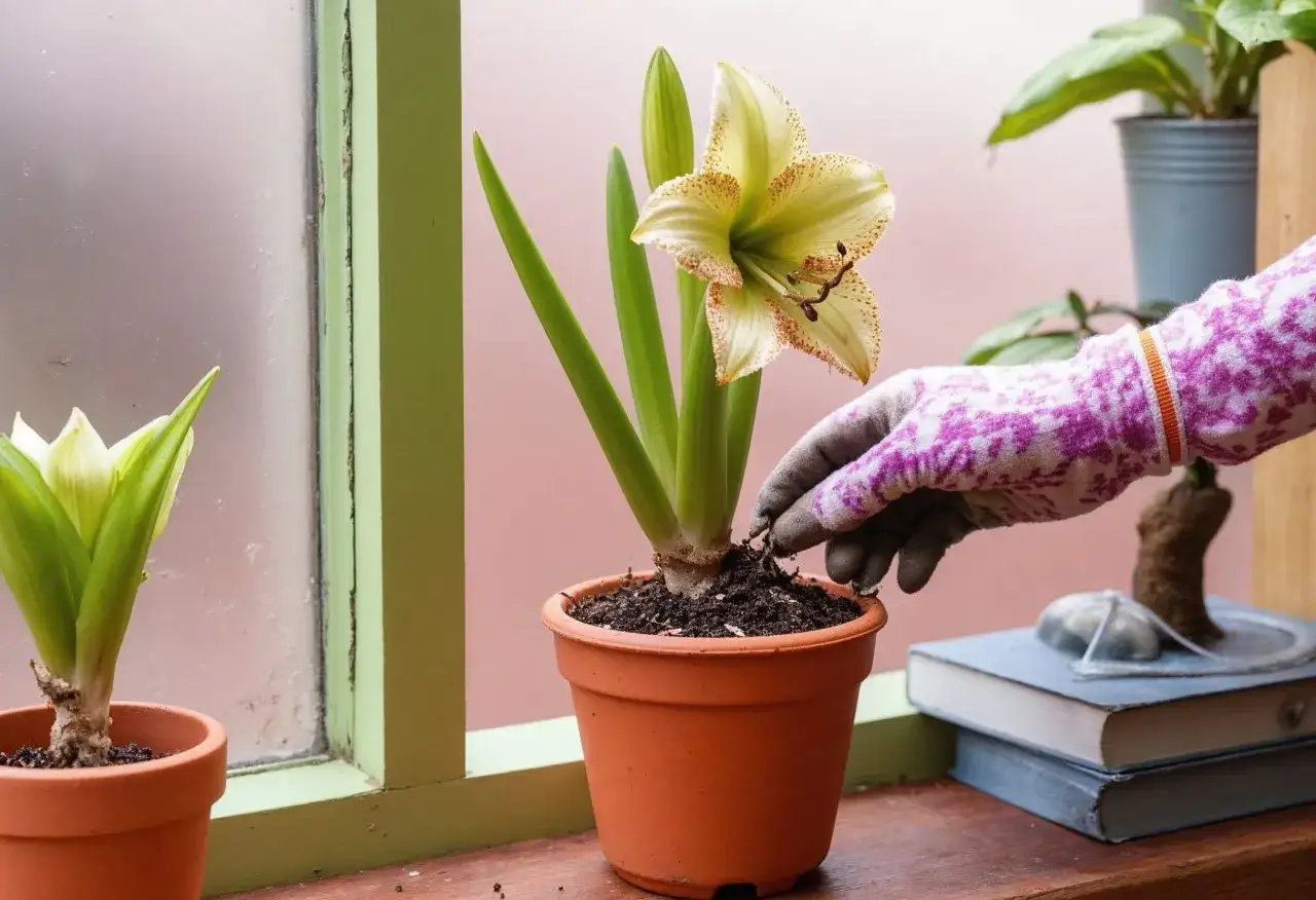 En hand med handske petar jord runt en amaryllis. Frågan