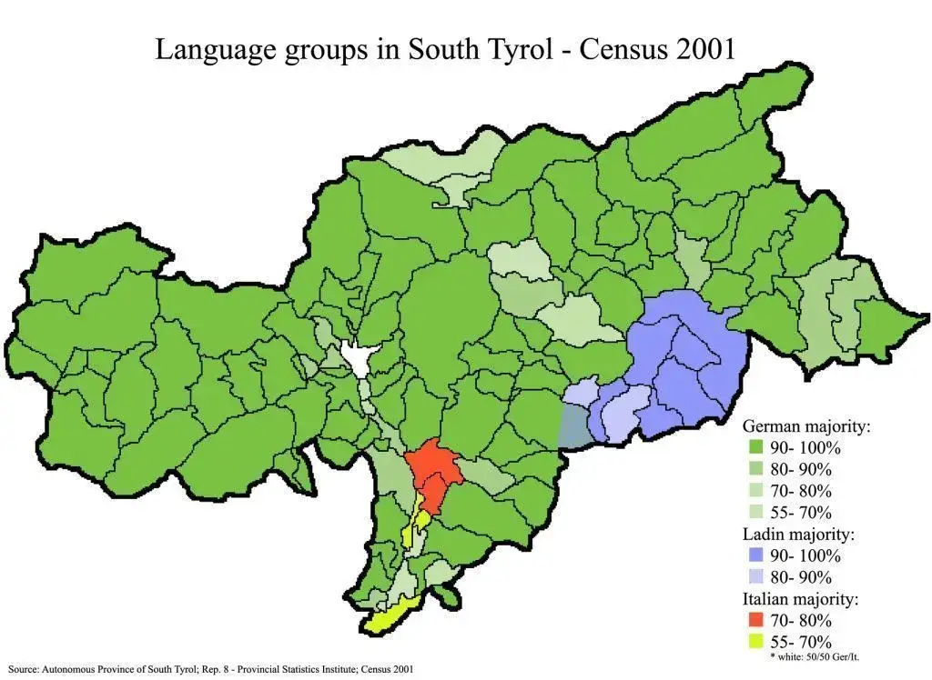 Mapa podziału Tyrolu na austriacki i włoski