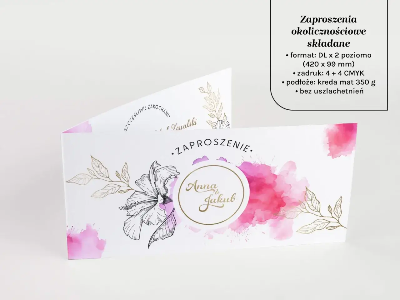 Eleganckie zaproszenie otwierane z motywem kwiatowym i akwarelowymi plamami. Idealne, by dowiedzieć się, jak wydrukować zaproszenie otwierane na ślub.