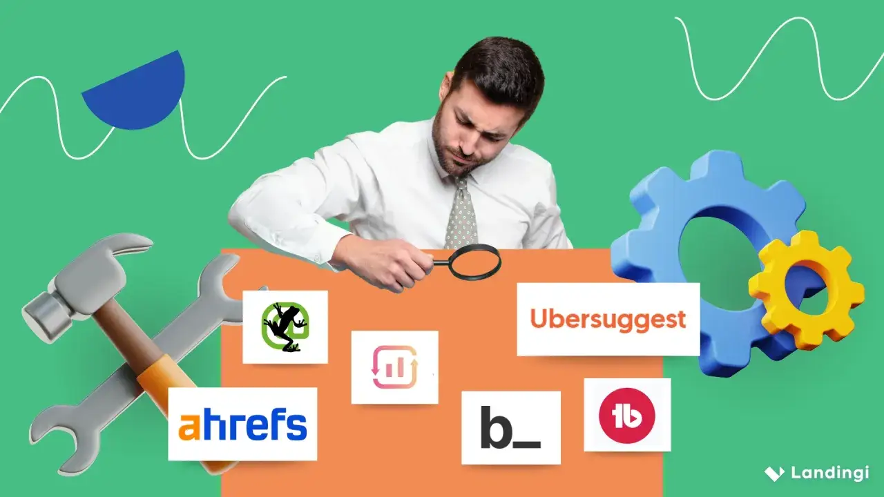 Mężczyzna z lupą analizuje logo popularnych narzędzi seo. W tle grafika z wykresami i kołami zębatymi.