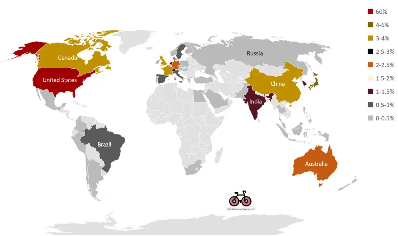Mapa świata z zaznaczonymi krajami, odzwierciedlającymi dane iShares MSCI World. USA i Kanada mają największy udział.