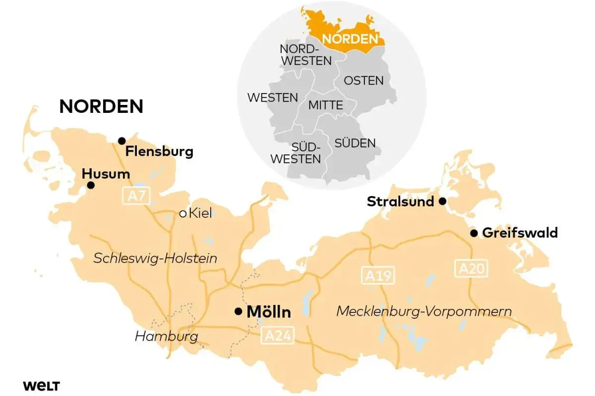 Karte zeigt Norddeutschland mit Städten wie Flensburg, Husum, Kiel, Hamburg, Mölln, Stralsund und Greifswald. Eine Übersichtskarte Deutschlands hebt den Norden hervor. Perfekt für Ihre reiseziele liste.