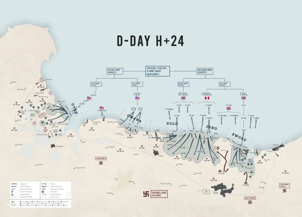 Landstigningen i Normandie karta visar de allierades landstigningssektorer (Utah, Omaha, Gold, Juno, Sword) och tyska f&ouml;rsvarslinjer 24 timmar efter D-dagen.