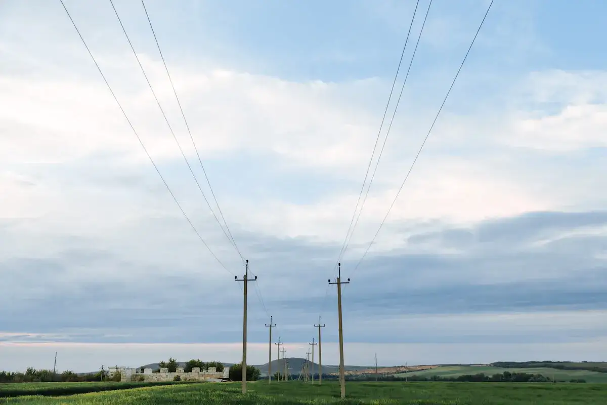 Linia energetyczna biegnie przez zielone pole. Słupy na działce, niektóre ponad 30 lat, wiodą wzrok ku horyzontowi.