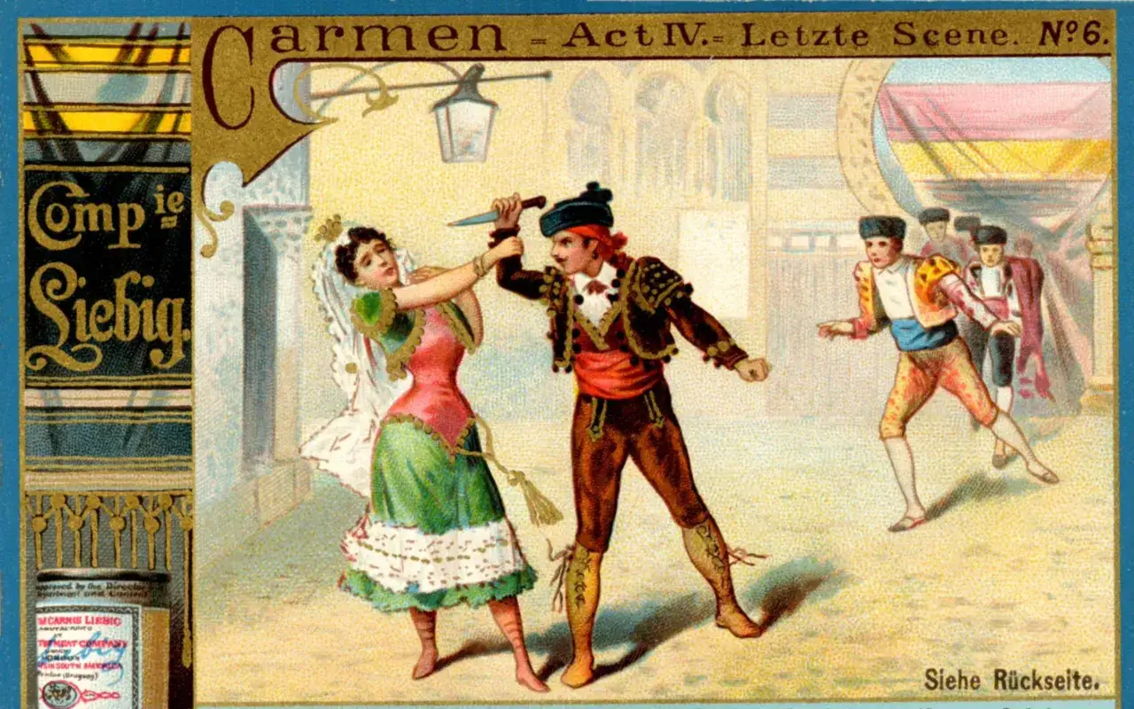 Scena z opery Carmen, gdzie Don José grozi Carmen nożem. Kompozytor opery Carmen, Georges Bizet, stworzył dzieło pełne pasji i dramatyzmu.