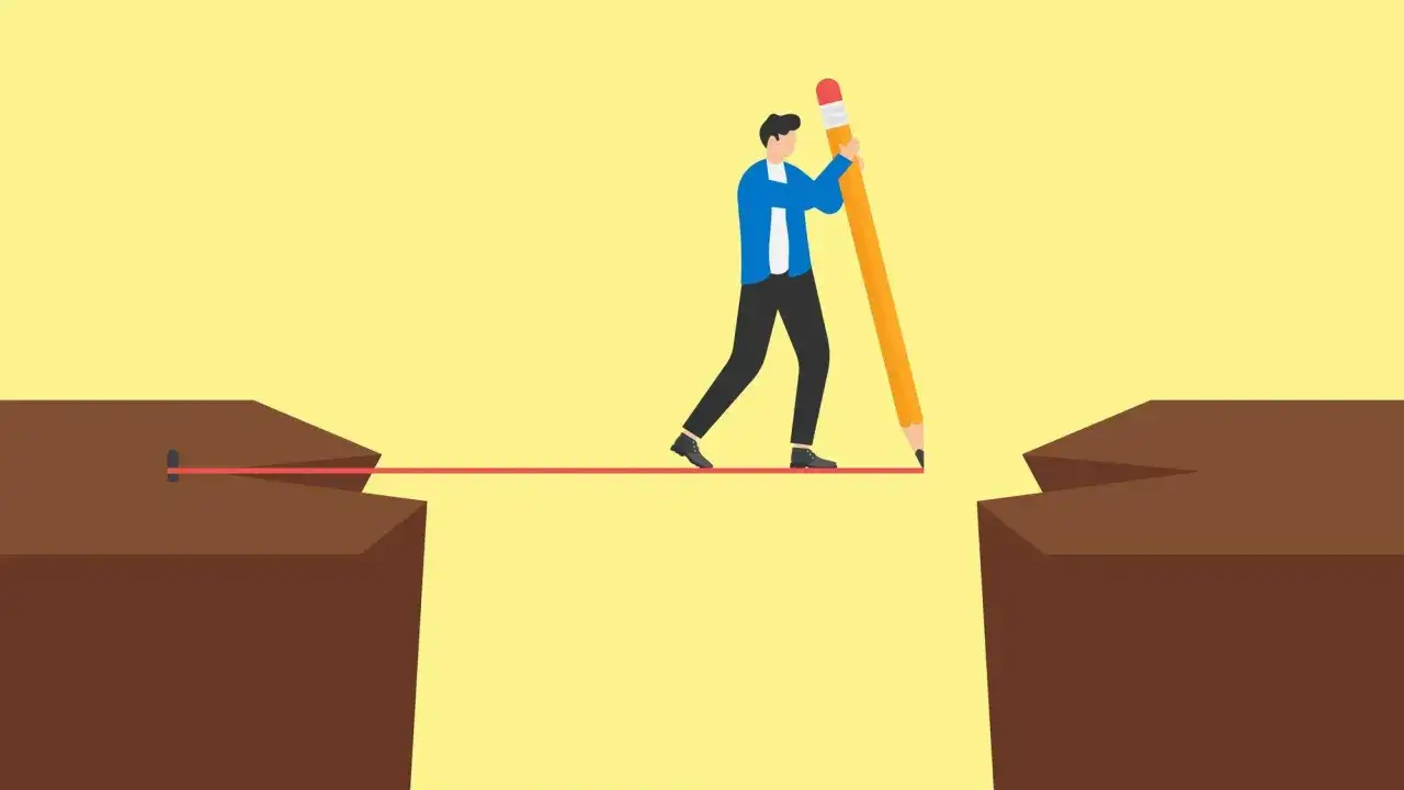 Uomo disegna una linea rossa con una matita gigante, creando un ponte su un baratro. Strategia per come destabilizzare un manipolatore.