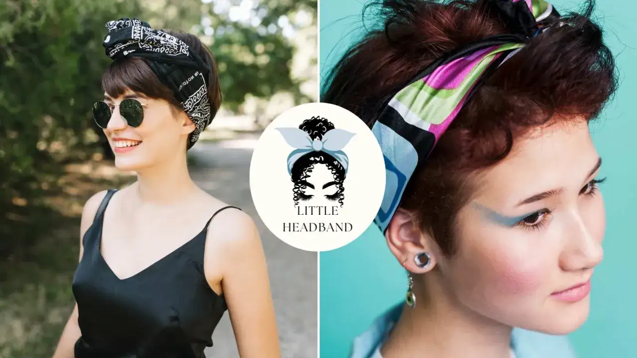 Coiffure hippie femme cheveux court avec bandeau noir et lunettes de soleil, ou bandeau coloré.