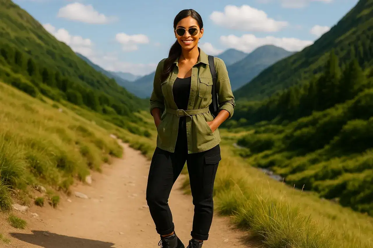 Une femme souriante en tenue de randonnée, veste ceinturée verte, pantalon noir, lunettes de soleil. Elle montre comment s'habiller pour être feminine en toute occasion.
