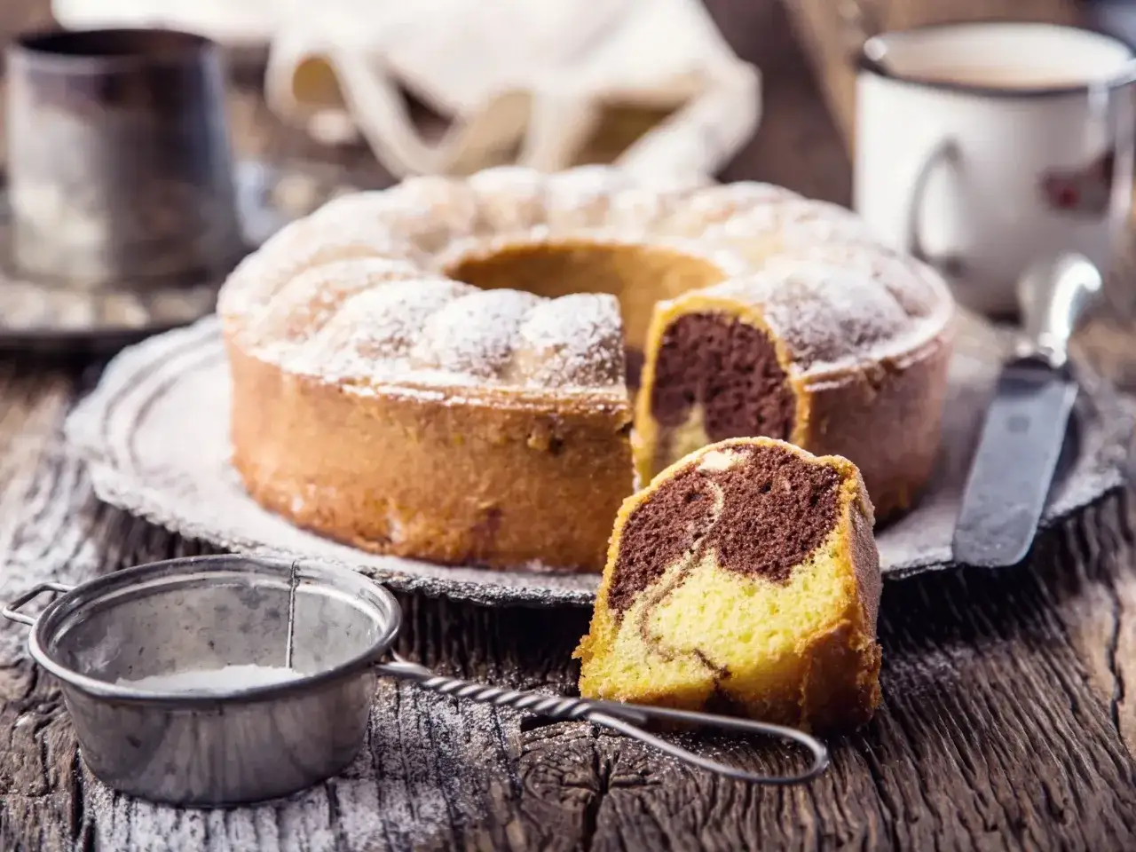 Puszysta babka na oleju, z kawałkiem ciasta czekoladowo-waniliowego, posypana cukrem pudrem. Obok kubek kawy i metalowe sitko.