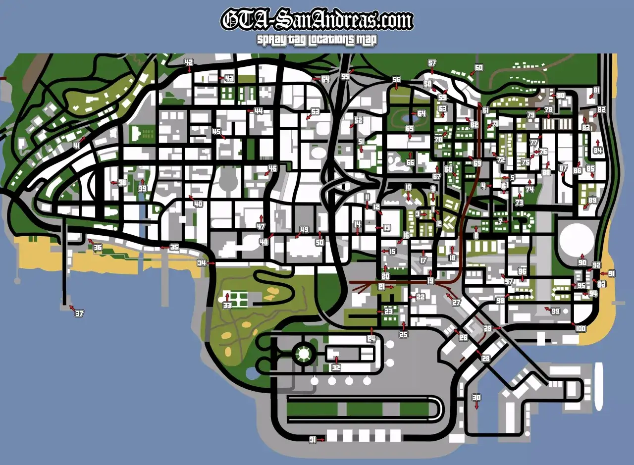 Mapa de GTA San Andreas con la ubicaci&oacute;n de los grafitis. &iexcl;Una gu&iacute;a esencial para completar el juego!