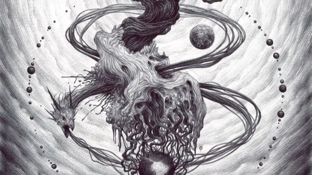 Dessin complexe d'une cr&eacute;ature organique, peut-&ecirc;tre un dragon, entour&eacute;e de spirales et de plan&egrave;tes. Un symbole du temps, o&ugrave; le pass&eacute; et le futur se rencontrent.