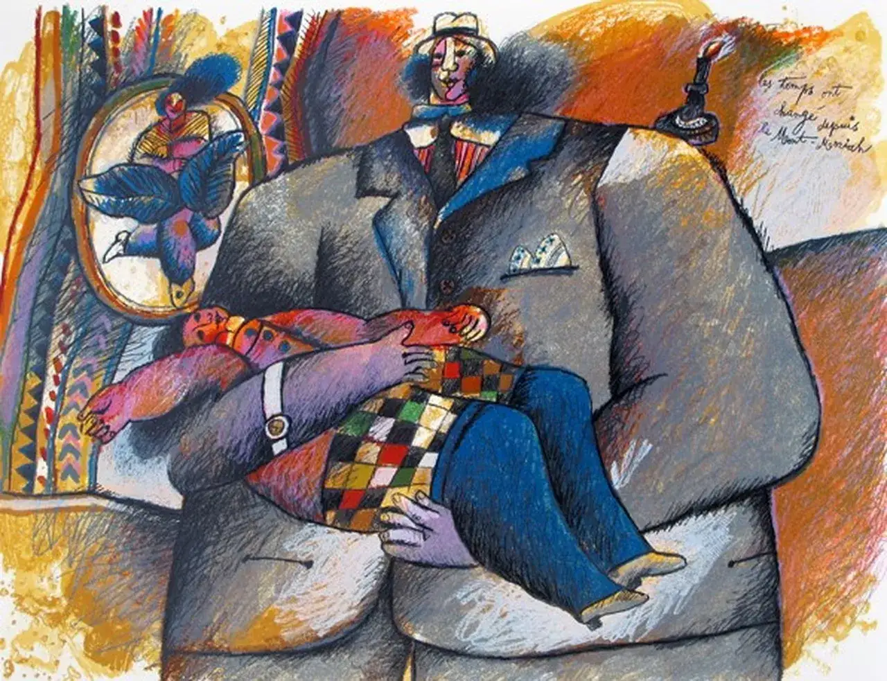 Une &oelig;uvre de Theo Tob&iacute;asse : un homme porte un enfant, une sc&egrave;ne color&eacute;e avec un miroir refl&eacute;tant un oiseau.