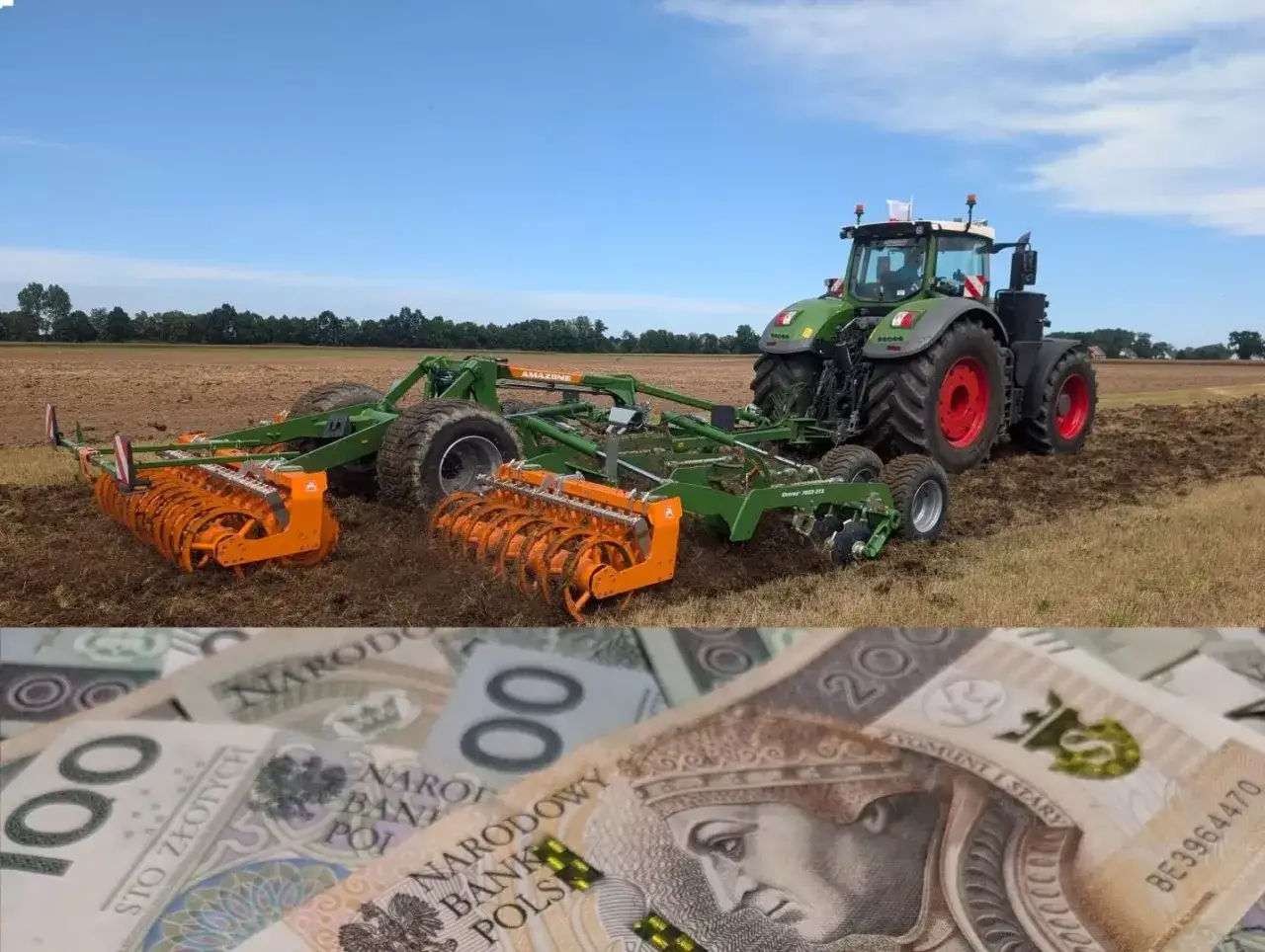 Aktywny rolnik z nowoczesnym sprzętem na polu, symbolizującym inwestycje i dopłaty do rolnictwa.