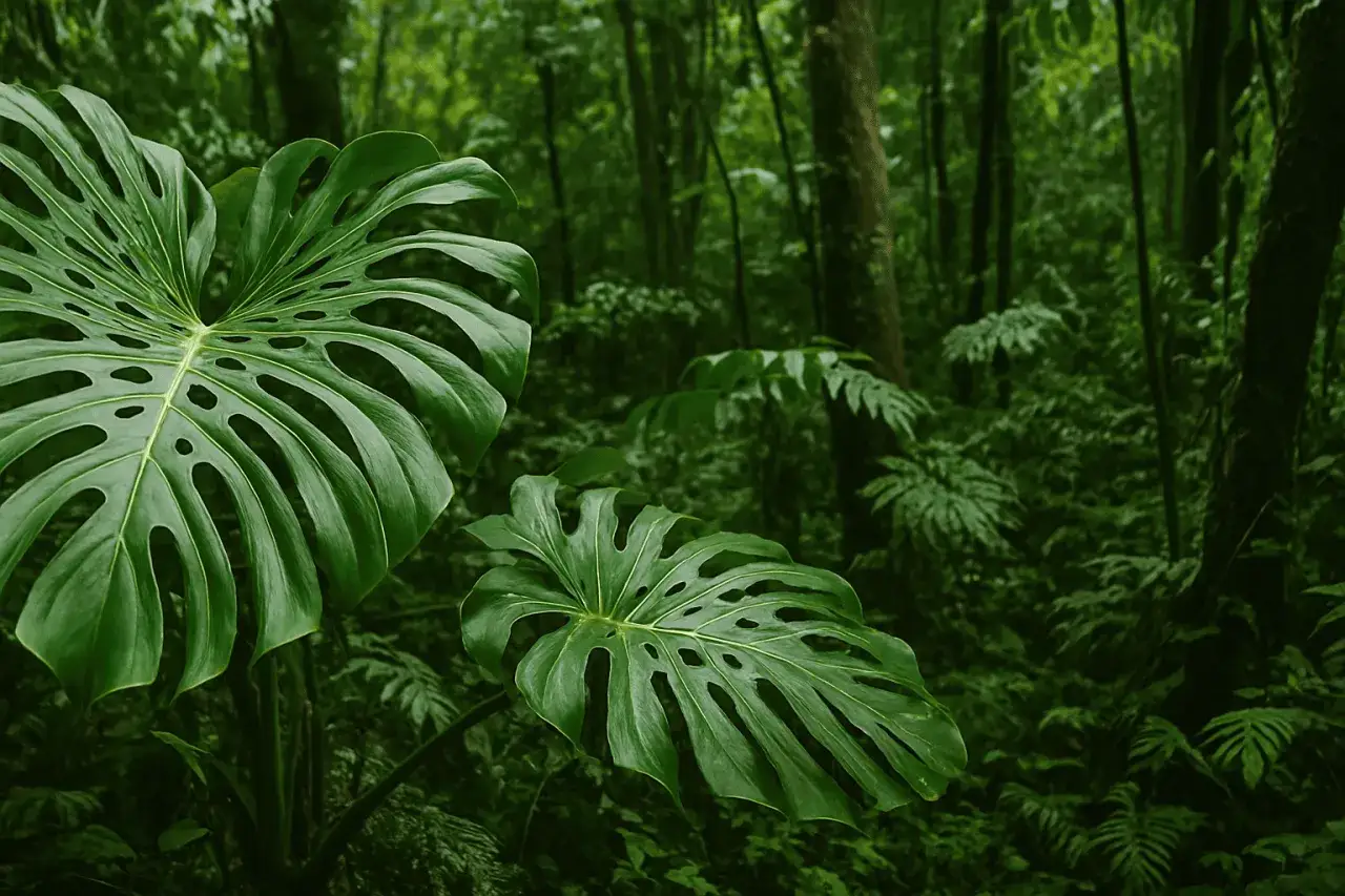 Große, geschlitzte Blätter einer Monstera im dichten Dschungel. Perfekte Bedingungen für die Monstera Pflege.