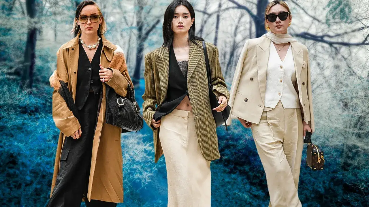 Trois femmes stylées s'habillent en hiver avec des manteaux longs, des vestes et des pantalons élégants.