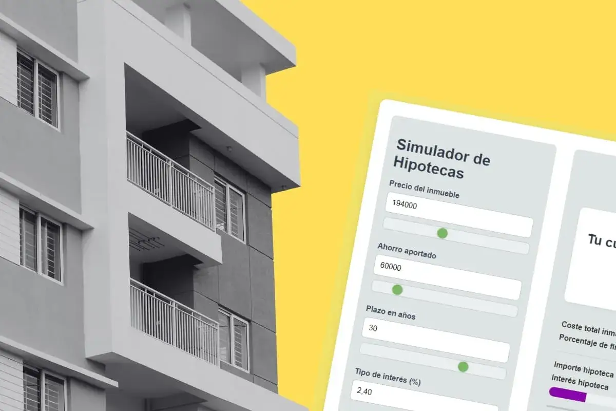 Edificio moderno junto a un simulador de hipotecas. Calcula tus **hipotecas a 40 a&ntilde;os** y planifica tu futuro.