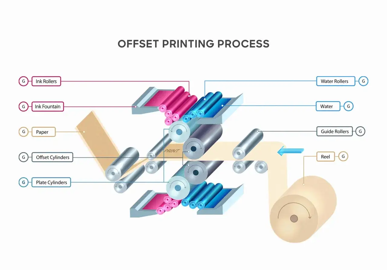 Diagrama del proceso de impresi&oacute;n offset, mostrando rodillos de tinta, agua y plancha, y el papel pasando por cilindros para la impresi&oacute;n litogr&aacute;fica.