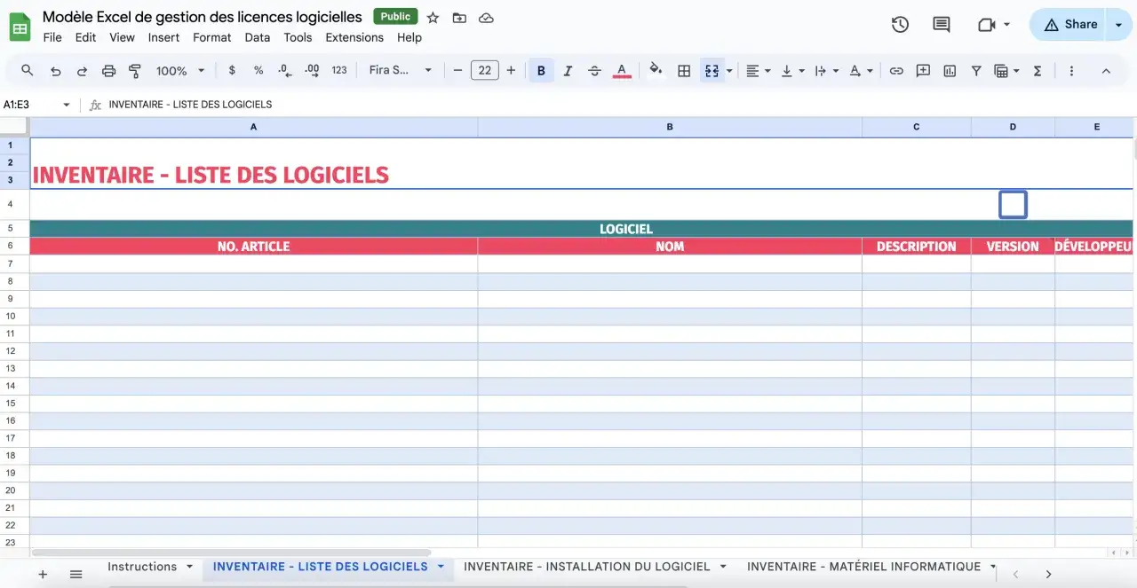 Tableau Excel pour le **software asset management**, listant les logiciels avec leurs num&eacute;ros d'article, noms, descriptions, versions et d&eacute;veloppeurs.
