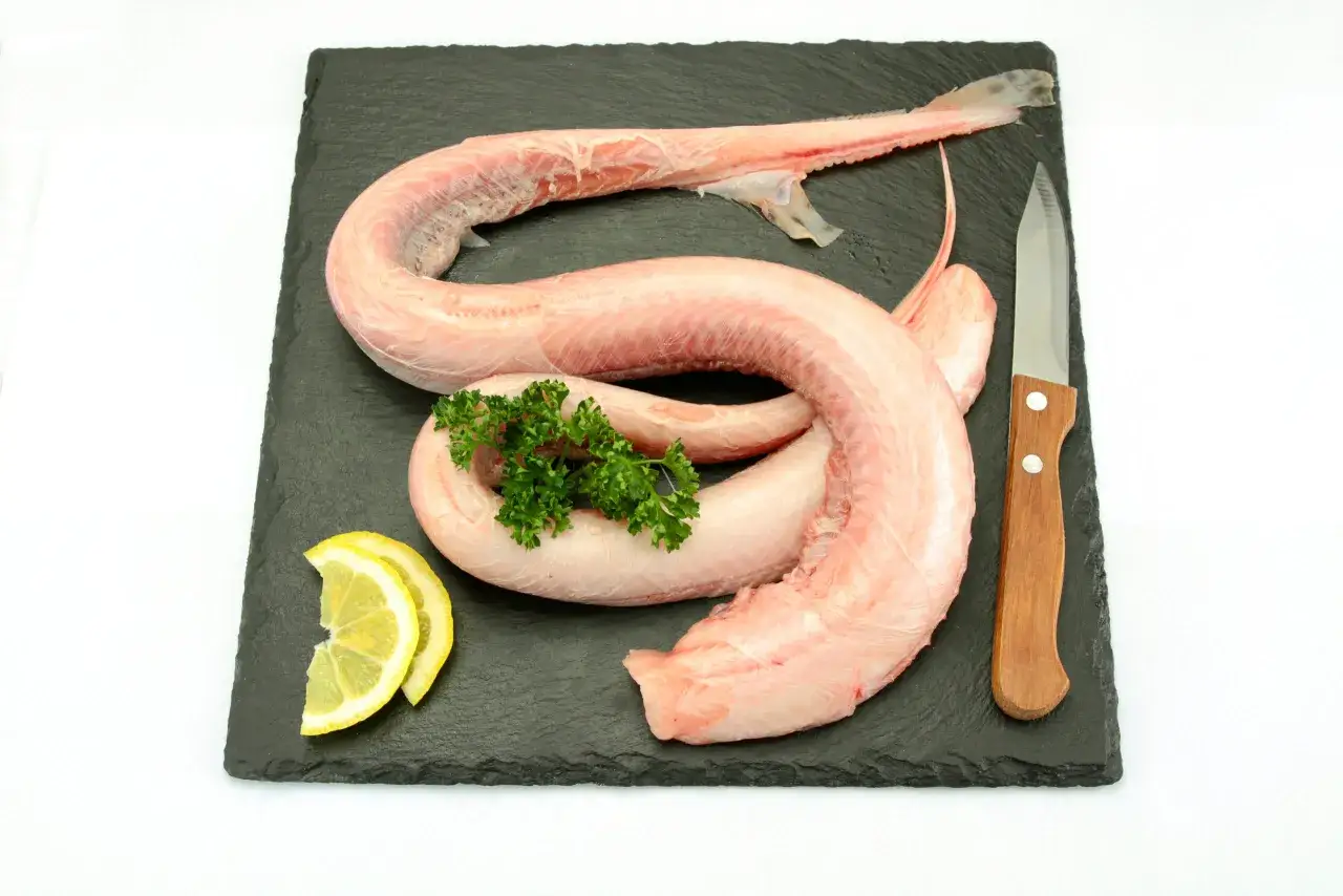 Saumonette de roussette crue, prête à être cuisinée, avec des quartiers de citron, du persil et un couteau sur une planche d'ardoise.