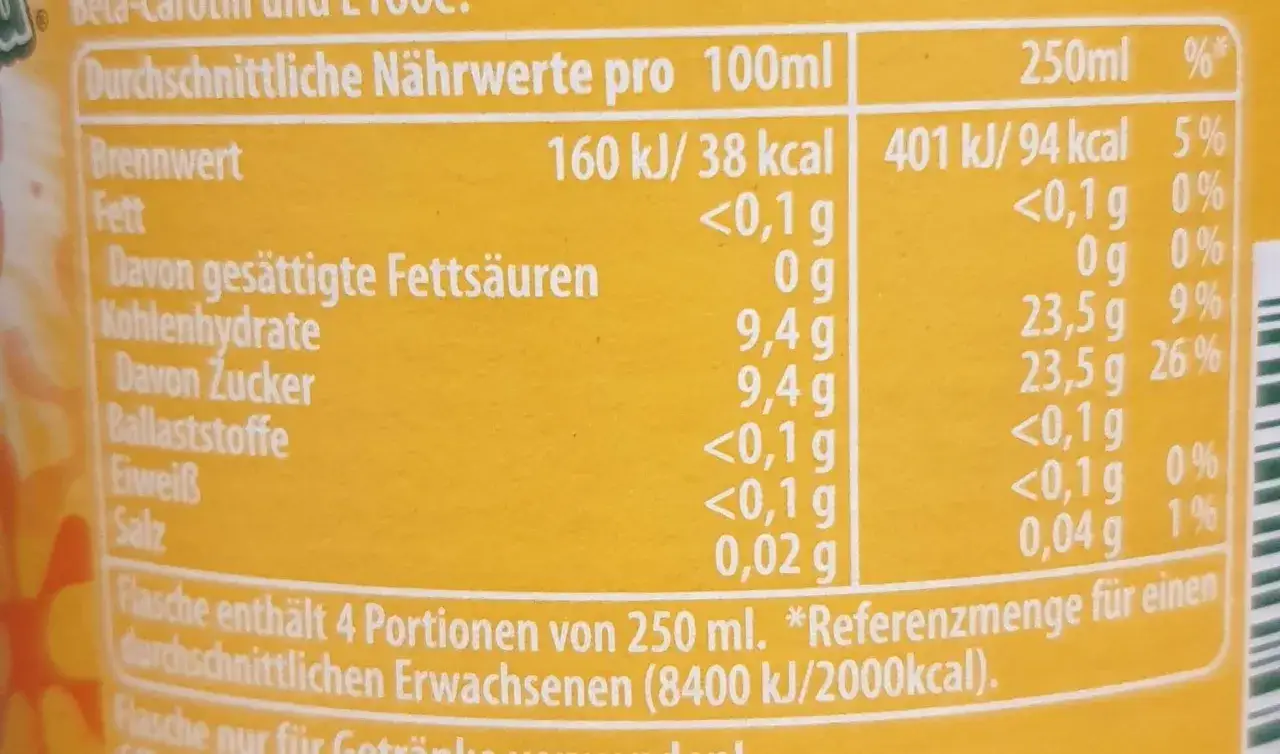 Tabela wartości odżywczych napoju. Czy Mirinda jest zdrowa? Zawiera 23,5g cukru na 250ml, co stanowi 26% dziennego zapotrzebowania.