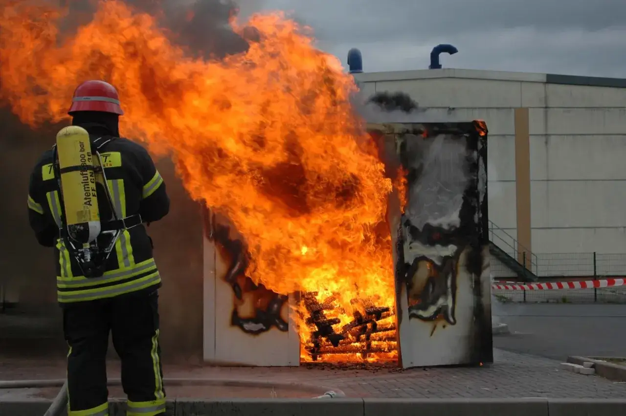 Feuerwehr testet Brennverhalten nach din en iso 11925-2. Ein Feuer lodert in einer Kabine, ein Feuerwehrmann beobachtet.