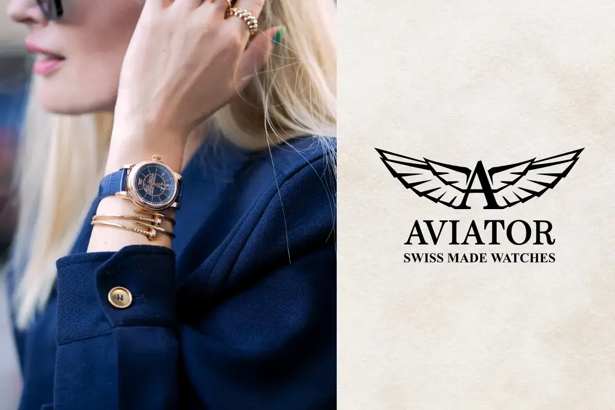 Elegancki zegarek z niebieskim paskiem i złotymi bransoletkami, obok logo AVIATOR SWISS MADE WATCHES, symbolizującego luksusowe marki.