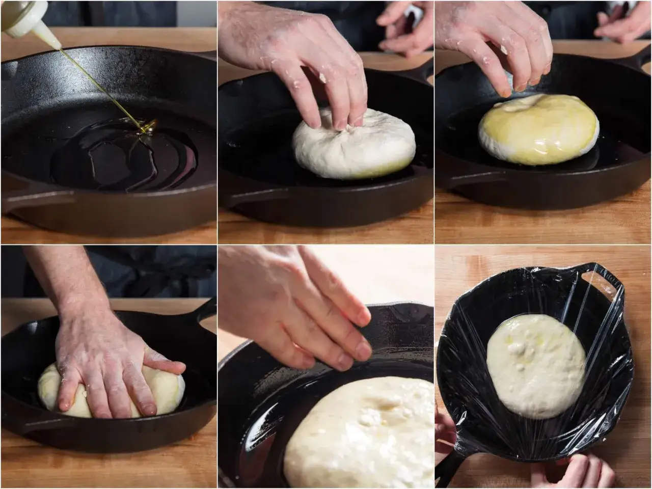 Préparation d'une pâte à pizza dans une poêle en fonte : huilage, façonnage et repos sous film plastique.