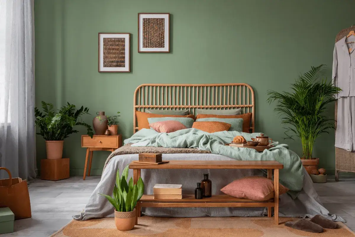Habitación con paredes verde salvia, cama de ratán con ropa de cama menta y cojines terracota. Inspiración de colores para habitaciones.
